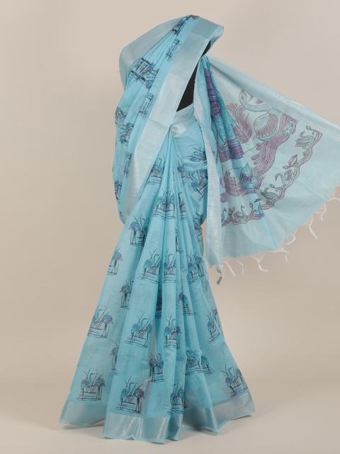 

Pothys Turquoise Blue & Silver-Toned Cotton Blend Saree