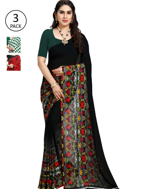 

KALINI Women Pack of 3 Printed Poly Georgette Sarees, Red