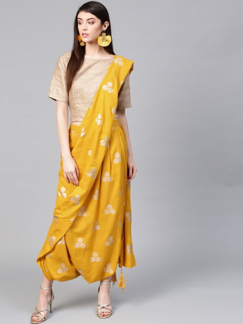 

Ishin Mustard Yellow & Golden Dhoti Saree