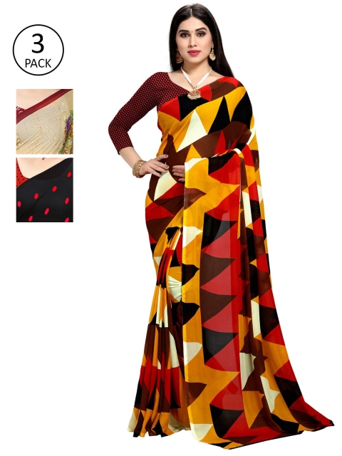 

KALINI Pack of 3 Poly Georgette Printed Sarees, Mustard
