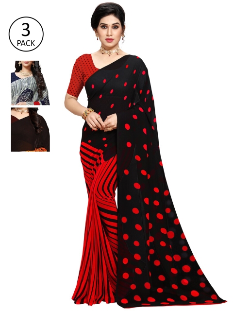 

KALINI Pack of 3 Poly Georgette Printed Sarees, Black