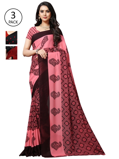 

KALINI Women Pack of 3 Printed Sarees, Red