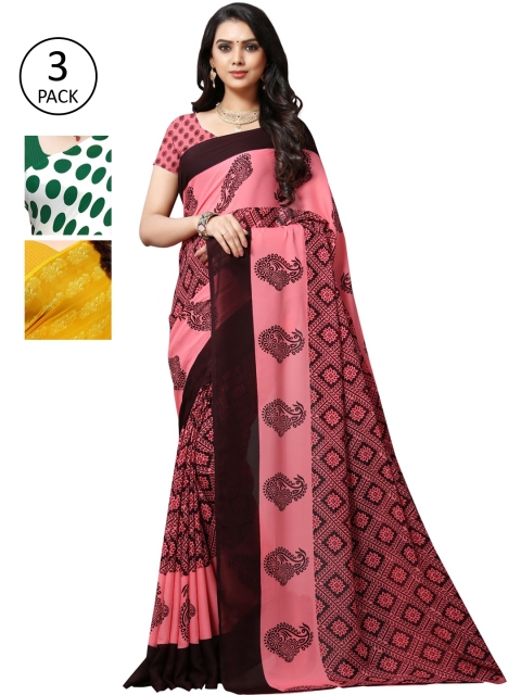 KALINI Green Pack of 3 Printed Poly Georgette Saree