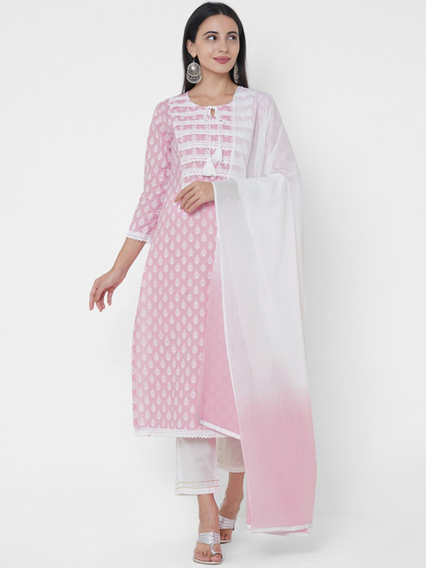 

FASHOR Women Pink Printed Empire Pure Cotton Kurta With Trousers & Dupatta
