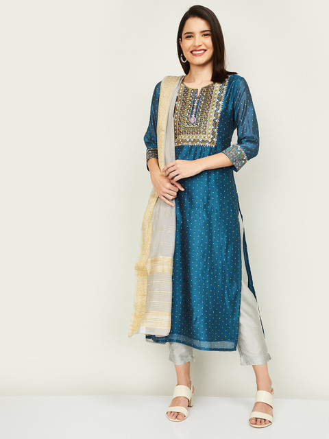 

Melange by Lifestyle Women Blue Ethnic Motifs Regular Thread Work Kurta with Trousers & With Dupatta