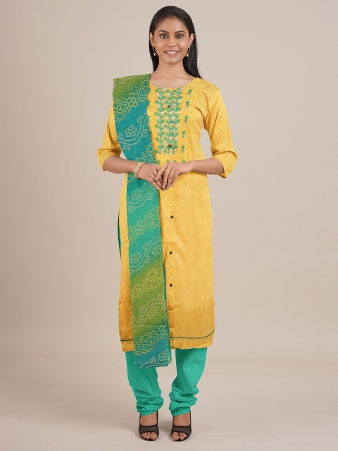 

Pothys Yellow & Sea Green Printed Unstitched Dress Material