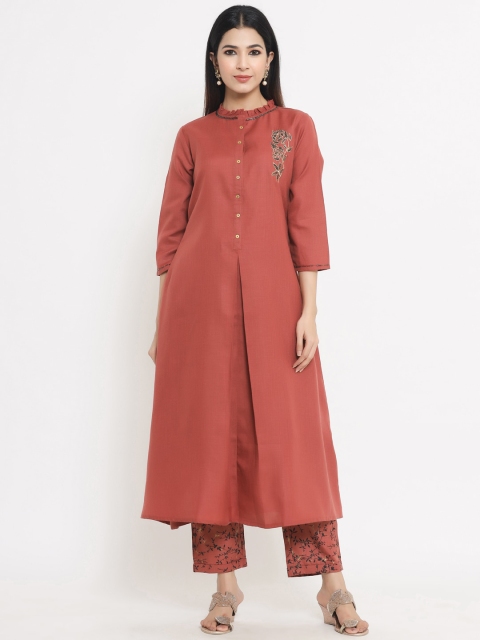 

Sangria Women Rust Floral Beads and Stones Hand Work Kurta with Trousers