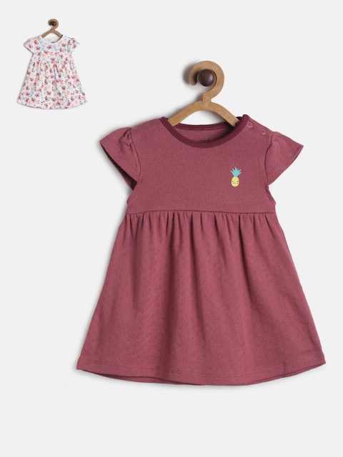 

MINI KLUB Girls Pack Of 2 Multicoloured Floral & Maroon Solid A-Line Dress, Multi