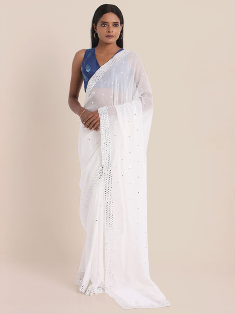 

Suta Off White & Navy Blue Foil Mirror Embellished Viscose Saree