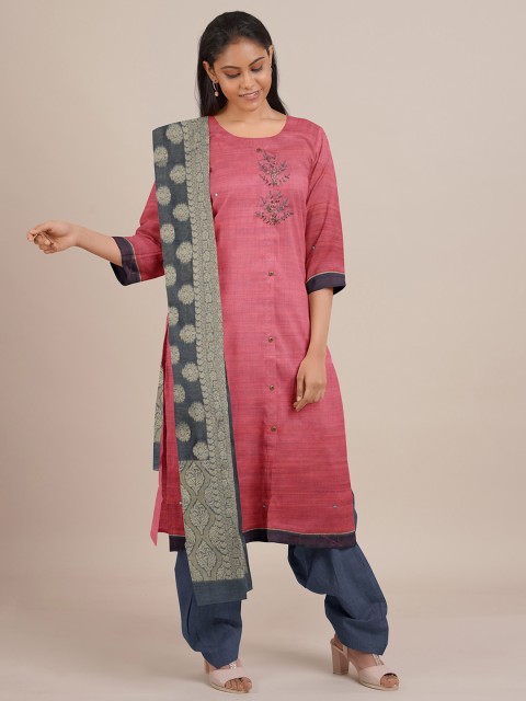 

Pothys Pink & Navy Blue Embroidered Unstitched Dress Material