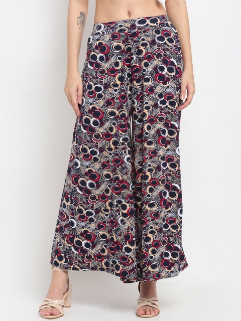 NEUDIS Women Black & White Floral Printed Flared Knitted Palazzos