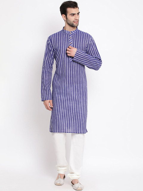 

VASTRAMAY Men Blue Striped Pure Cotton Handloom Kurta with Cream Churidar Set