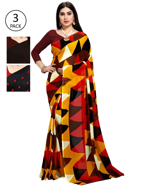 

KALINI Pack of 3 Poly Georgette Printed Sarees, Mustard