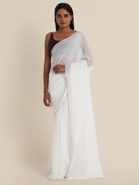 

Suta White Pure Cotton Saree with Golden Scallops
