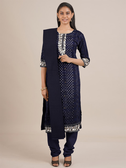 

Pothys Navy Blue & Cream-Coloured Unstitched Dress Material