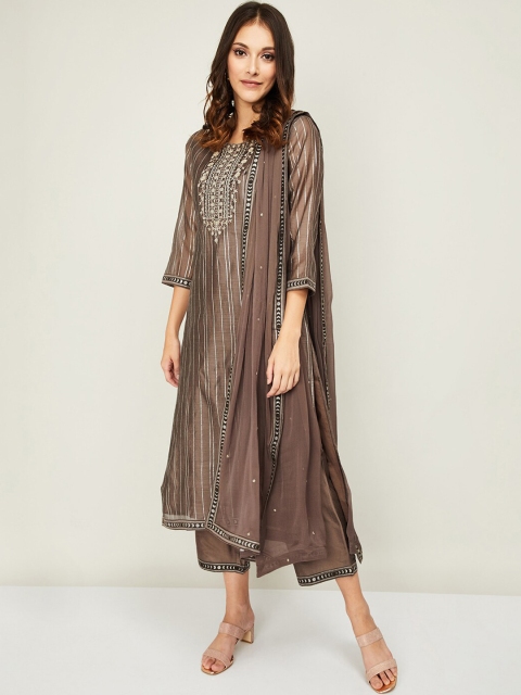 

Melange by Lifestyle Women Brown & Grey Striped Cotton Kurta With Trousers & Dupatta