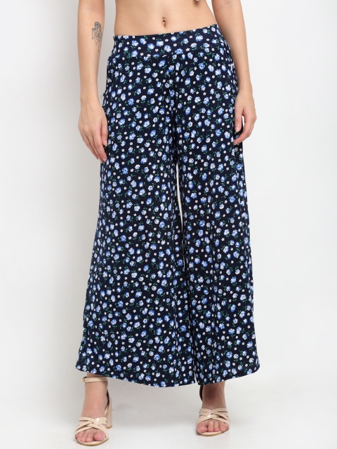 NEUDIS Women Black & Blue Floral Printed Flared Knitted Palazzos