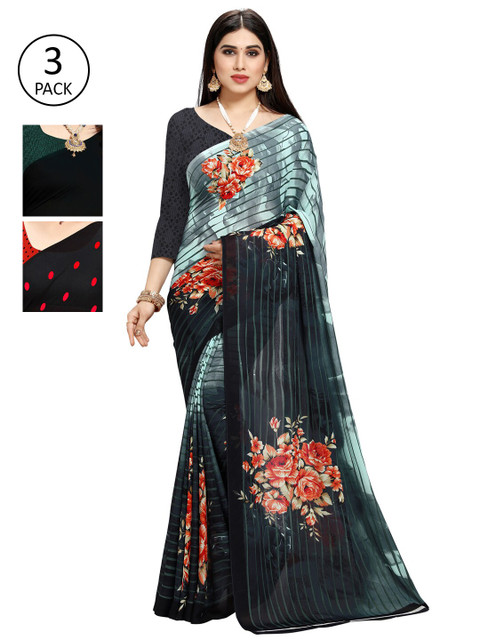 

KALINI Women Pack of 3 Printed Sarees, Black