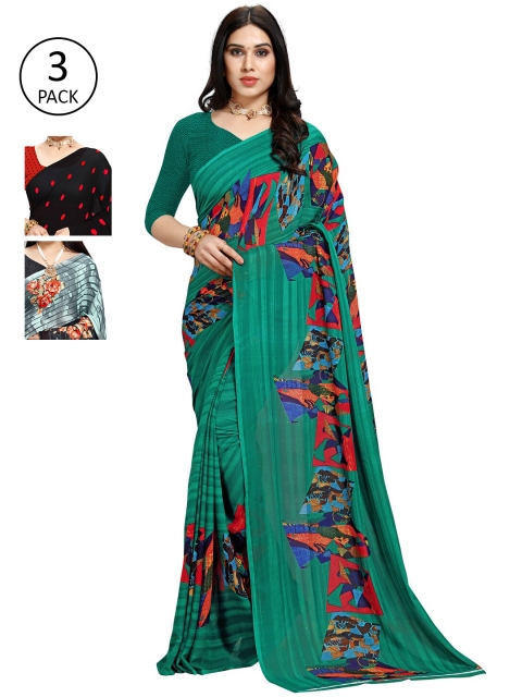 

KALINI Pack of 3 Poly Georgette Printed Sarees, Black