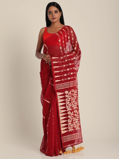 

Suta Red & Gold-Toned Striped Handloom Jacquard Saree