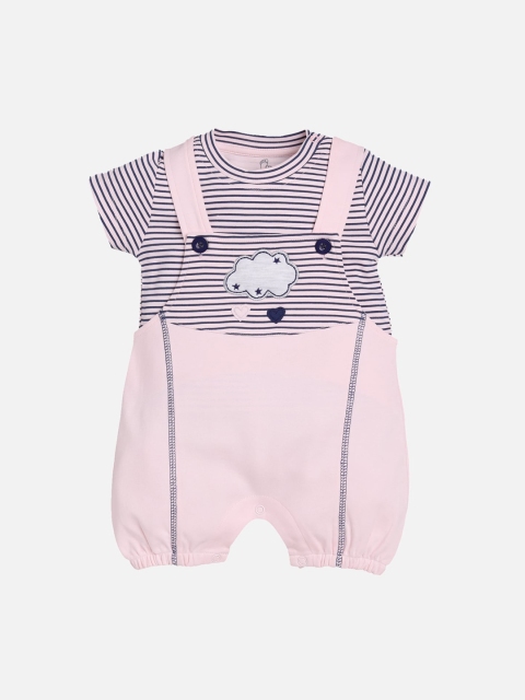 

BABY GO Girls Pink Striped Pure Cotton Dungaree With T-Shirt