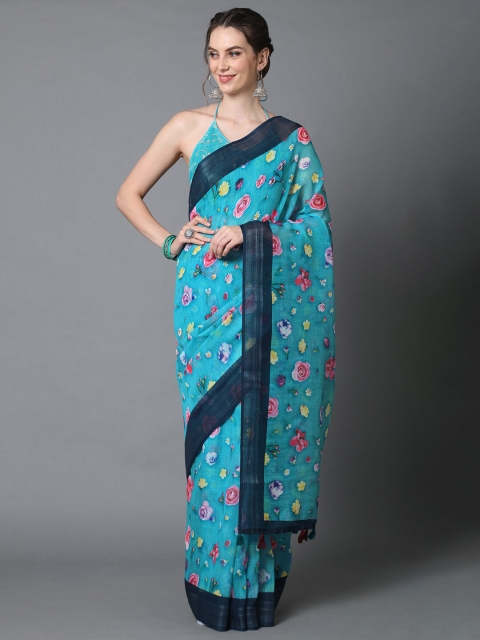 

Mitera Turquoise Blue & Pink Floral Linen Blend Saree