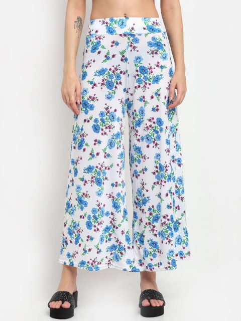 

NEUDIS Women White & Blue Floral Printed Flared Knitted Palazzos