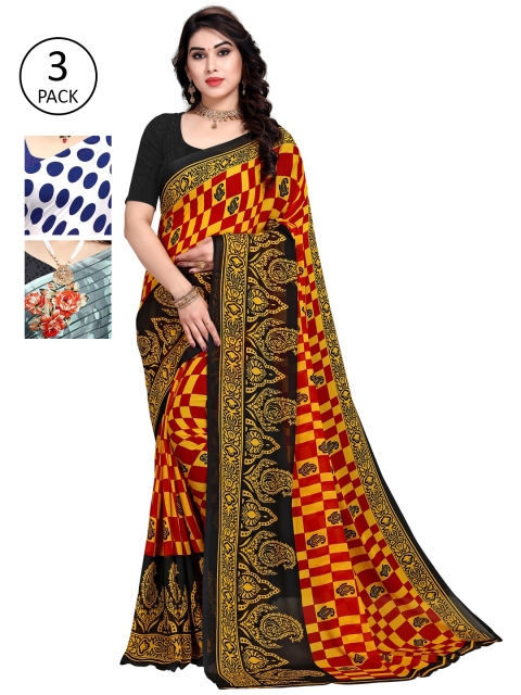 

KALINI Blue & Red Pack of 3 Printed Saree