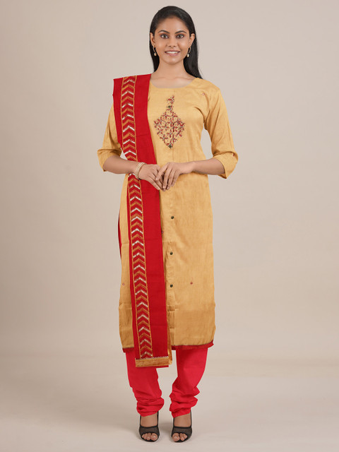 

Pothys Cream & Red Embroidered Unstitched Dress Material