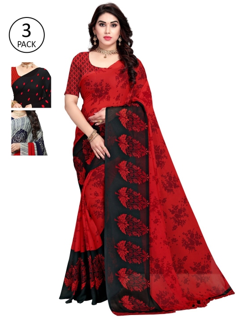 

KALINI Pack Of 3 Multicoloured Floral Poly Georgette Sarees, Multi
