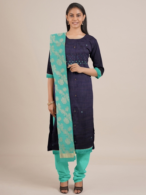 

Pothys Navy Blue & Sea Green Embroidered Unstitched Dress Material