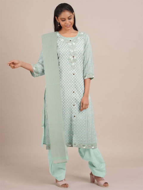

Pothys Green & Silver-Toned Printed Unstitched Dress Material