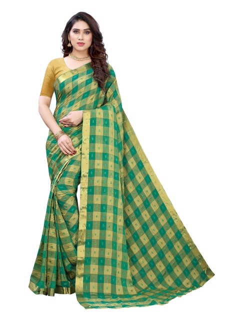 

KALINI Green & Golden Checked Zari Pure Chiffon Saree