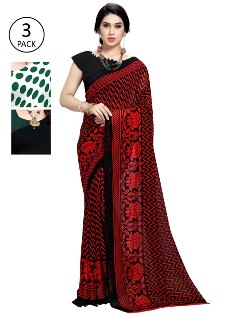 

KALINI Women Pack of 3 Printed Poly Georgette Sarees, Green