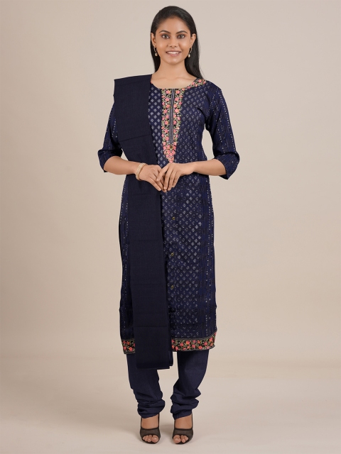 

Pothys Navy Blue & Pink Unstitched Dress Material
