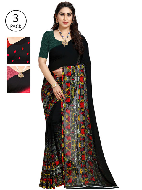 

KALINI Pack of 3 Poly Georgette Printed Sarees, Black