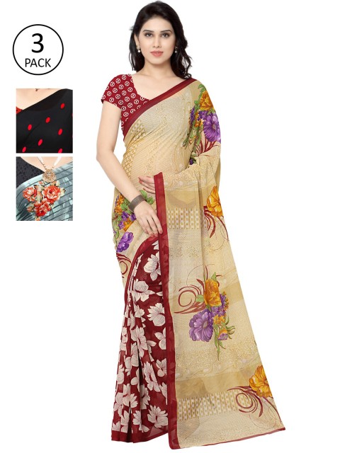 

KALINI Pack Of 3 Poly Georgette Sarees, Beige