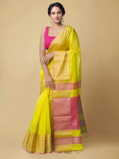 

Unnati Silks Yellow & Pink Woven Design Zari Silk Cotton Maheshwari Saree