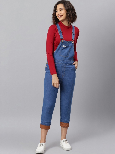 

FINSBURY LONDON Women Blue Slim-Fit Faux Leather Bottom Hem-Fold Denim Dungarees