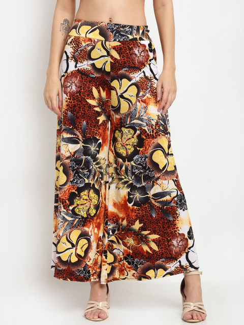 

NEUDIS Women Brown & Yellow Floral Printed Flared Knitted Palazzos