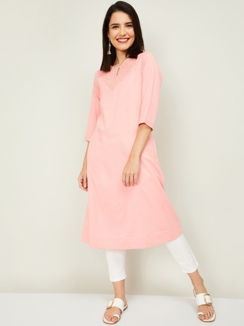 

Melange by Lifestyle Women Pink Embroidered Keyhole Neck Kurta