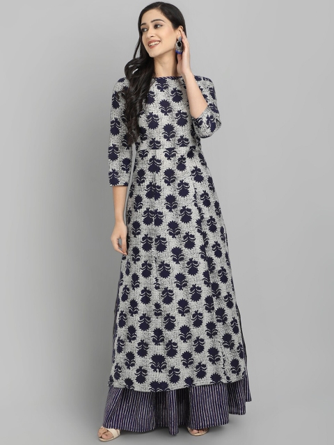 

JAIPURI BUNAAI Women Grey & Navy Blue Printed Panelled Kurta with Skirt