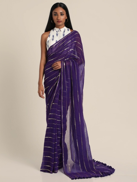 

Suta Purple & Gold-Toned Striped Pure Cotton Saree