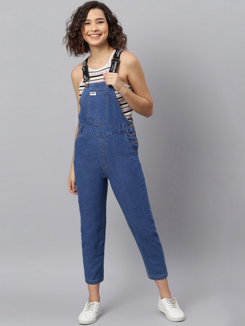 

FINSBURY LONDON Women Blue Solid Slim-Fit Cotton Dungarees