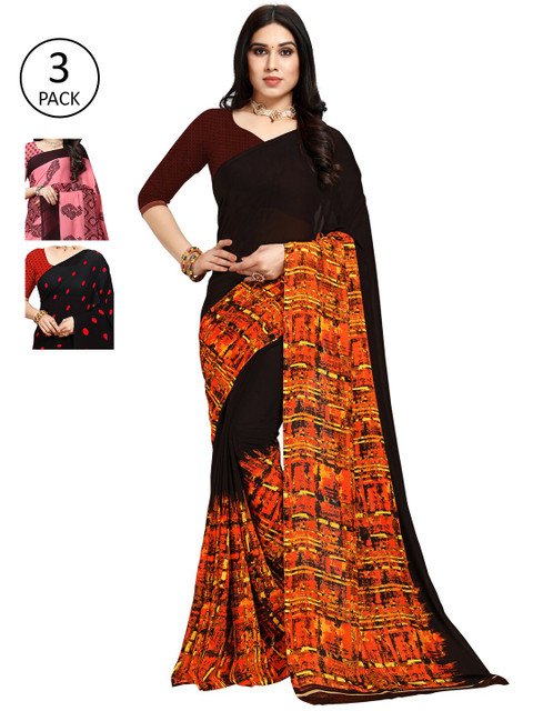 

KALINI Pack of 3 Poly Georgette Sarees, Pink