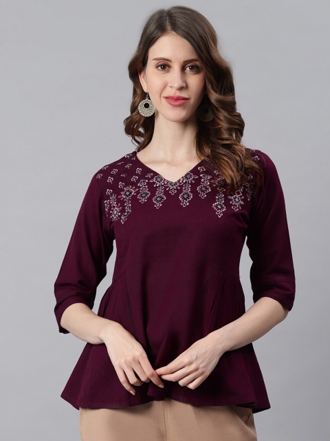 

Janasya Burgundy Extended Sleeves A-Line Top