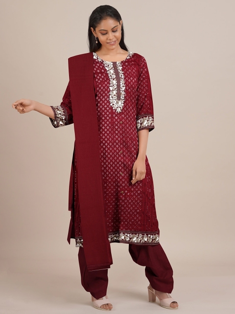 

Pothys Maroon & Silver-Toned Unstitched Dress Material