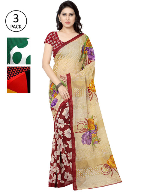 

KALINI Women Pack of 3 Printed Poly Georgette Sarees, White