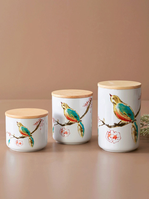 

THEDECORKART Set Of 3 White & Blue Nightingale Printed Cannisters