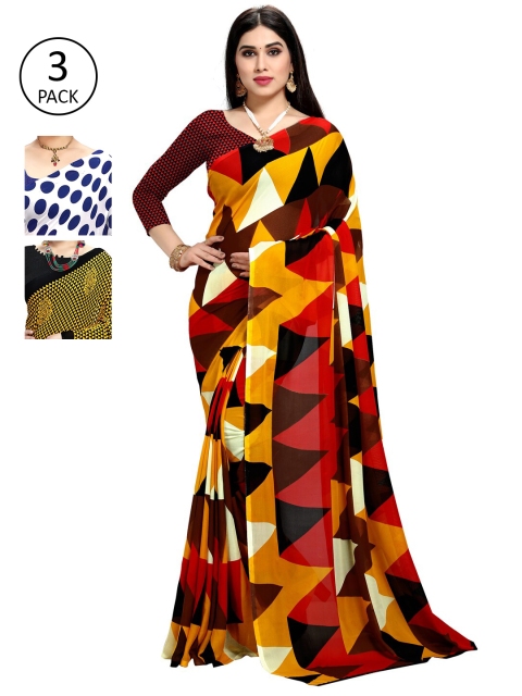 

KALINI Women Pack of 3 Printed Poly Georgette Sarees, White